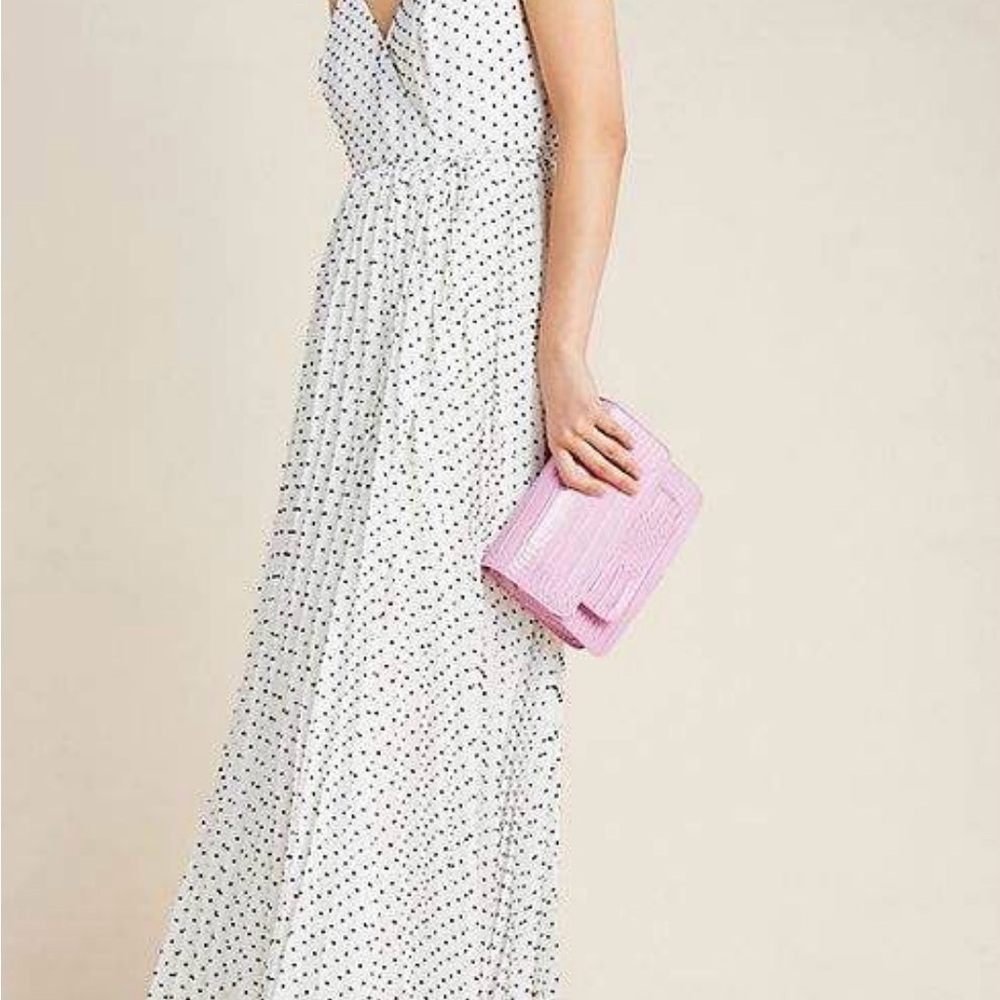 Anthropologie Marilyn pleated White Maxi true wrap Dress with Black Polka Dots